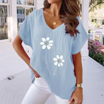 Femei T-shirt de Vară Florale V Gâtului Vară Tee Moale Respirabil de Sus pentru Femei la Mijlocul Lungime Vrac se Potrivi Purta Tricoul Doamna Pierde T-shirt
