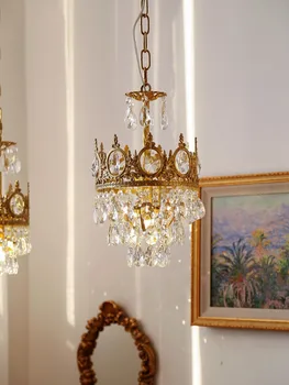 Retro Franceză Alamă Candelabru De Cristal Cupru Coroana Dormitor Noptieră Hol, Living, Vestiar Candelabru