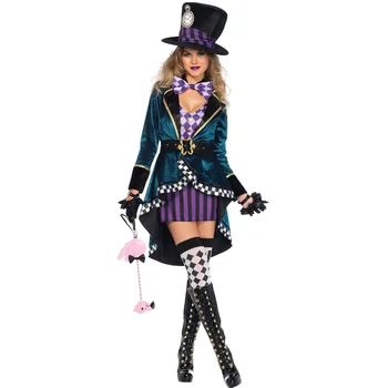 Halloween Cosplay Clovn Mad Hatter Costum Pentru Adulti Femei Frac Magician
