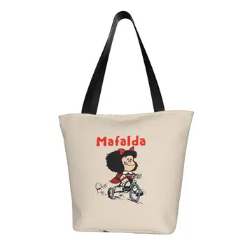 Mafalda Roți De Bicicletă De Cumpărături De Alimente Sac De Imprimare Canvas Shopper Tote Geantă De Umăr Mare Capacitate Quino Manga Desene Animate Geantă De Mână