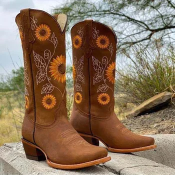 Pantofi femei la Jumătatea vițel Cizme de Floarea-soarelui Tipărite Cizme cu Toc Gros din Piele Cizme de Cowboy Plus 35-43