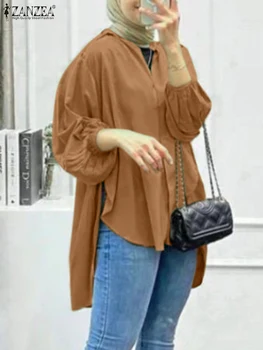ZANZEA Moda Toamna Eid Mubarak Musulman Bluza Vintage Puff Maneca Topuri Femei V-Neck Culoare Solidă Tricou Ramadan Supradimensionate 2023