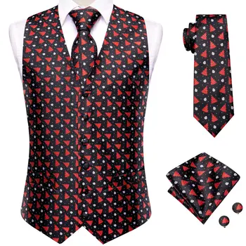 Crăciun Mens Vesta Neagră de Mătase Roșie Cravată Batista Butoni Set Jacquard Vesta Sacou cu Cravata de Afaceri de sex Masculin Parte de Cadouri Hi-Cravată