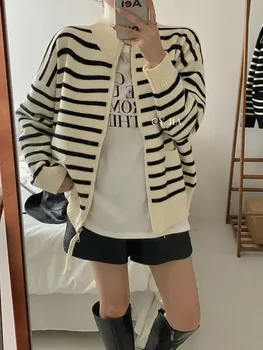2Color stil coreean Femei Toamna iarna Stand Guler Stripe Cardigan Pulover Femei cu fermoar Pulover Tricotate Cardigan Feminin(Y717