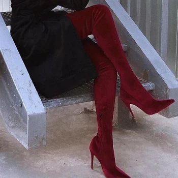 Femei de 43 de Mari Dimensiuni a Subliniat Toe Sexy Cizme de Iarna de Moda piele de Căprioară cu Toc de Culoare Solidă Doamnelor Pantofi Peste Cizme Genunchi Ridicat