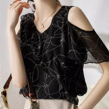 Maneca scurta Șifon Tricou pentru Femei de Vara V-neck de Pe Umăr Tricou Topuri Tricou Negru Print Bluza Haine Largi Blusas 28023