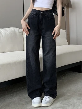 Negru Vintage pentru Femei Blugi cu Talie Înaltă Largi Picior Drept Pantaloni din Denim Harajuku Streetwear Doamna Blugi Denim Y2K Pantaloni Largi