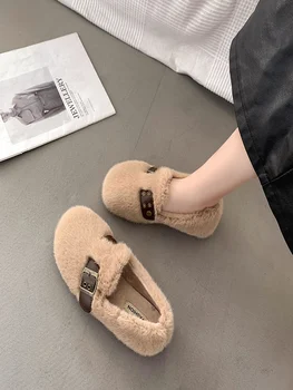 Casual Femei Pantofi Slip-on All-Meci Superficial Gura Rotund Toe Mocasini Blana Tocuri Joase Aluneca Pe Mocasin de Iarna Noi, din Cauciuc de Bază Floc
