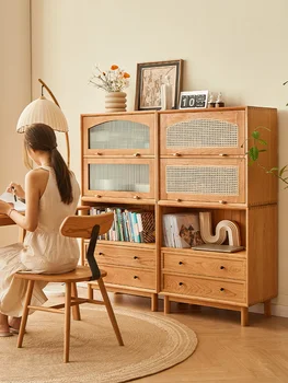 Nordic din lemn masiv bibliotecă din lemn de cires de uz casnic living, cabinet de stocare ușă de sticlă zăbrele cabinet