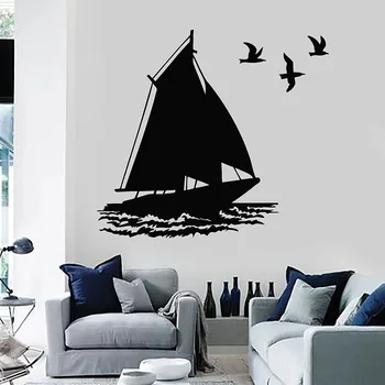 Barcă Cu Pânze Perete Decal Vas Păsări Pescăruș Ocean Marine Vinil Autocolante Fereastră Dormitor Copii Pepinieră Decor Casa Tapet E561