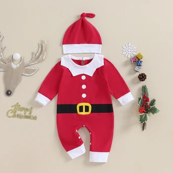 Michellecmm Copil De Crăciun Fată Băiat Romper Haine Nou-Nascuti Santa Costum Cu Maneci Lungi Salopeta Hat Infant Set Haine