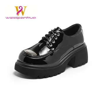 Mocasini Femei 2023 Noua Platforma din Piele de Moda Mici Pantofi din Piele Stil Britanic Bloc cu Toc pentru Femei Pantofi Negri cu Tocuri înalte