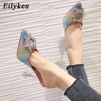 Eilyken Stras Femei Pompe De Sandale Elegante Subliniat Toe Tocuri Inalte Bling Cristal Plexiglas Spike Cu Toc Catâr Pantofi