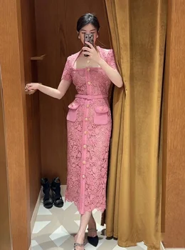 2023 vara noi rochie cu maneci scurte talie mare pătrat guler de dantelă slim fit hip rochie maxi roz