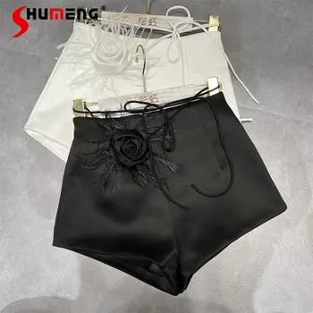 Moda de Înaltă Talie Slăbire Flori Tridimensionale Negru pantaloni Scurți pentru Femei 2023 Vara Noi Fata Sexy Slim Fit Casual Pantaloni scurti